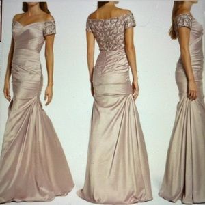 NEW WITH TAGS!  LaFemme Off The Shoulder Beaded Trumpet Gown-Champagne- Size 8